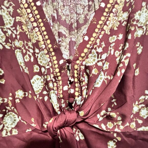 Free People Run Free Blouse Floral Balloon Sleeve Tie-Front Satin Blouse Size M - Picture 6 of 10